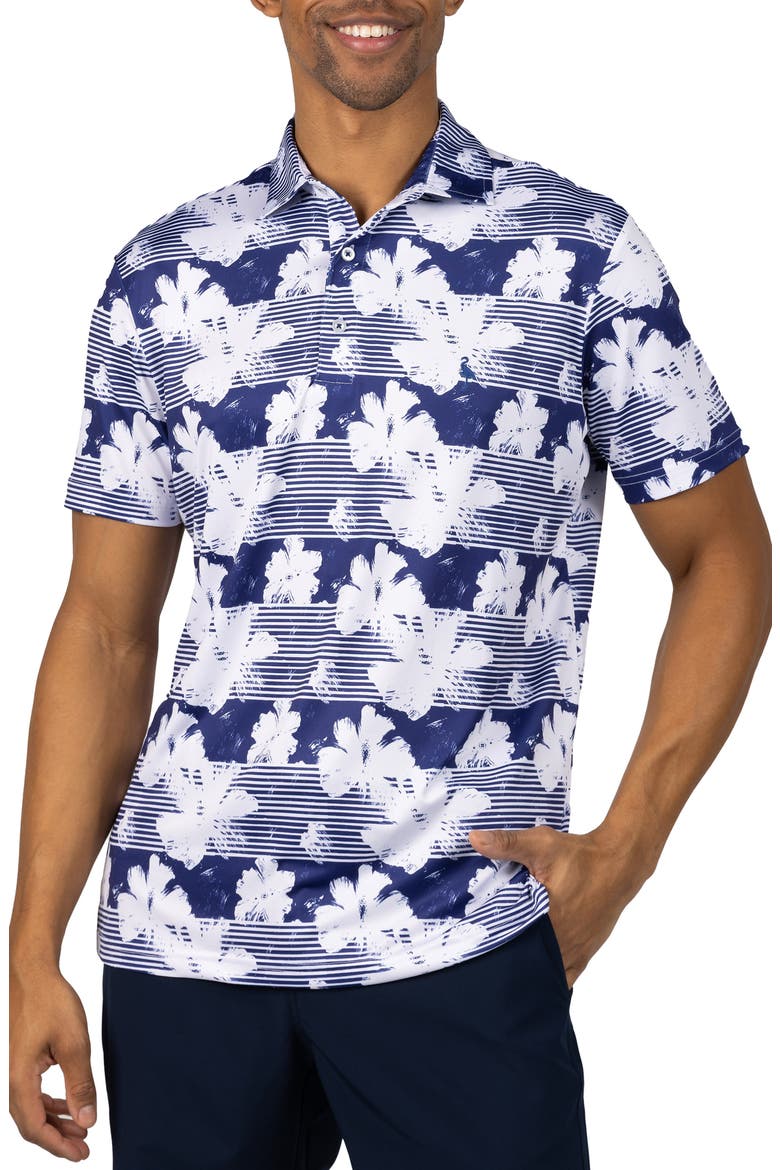 Tropical Stripe Floral Print Performance Polo, Main, color, NAVY