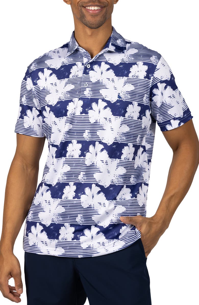 TailorByrd Tropical Stripe Floral Print Performance Polo, Main, color, Navy