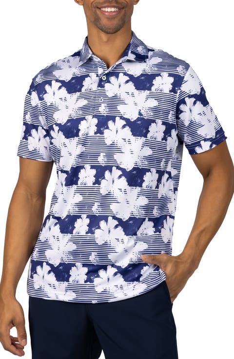 Tropical Stripe Floral Print Performance Polo