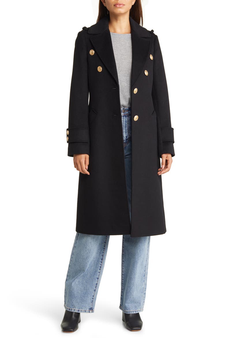 Crested Button Wool Blend Coat, Alternate, color, BLACK