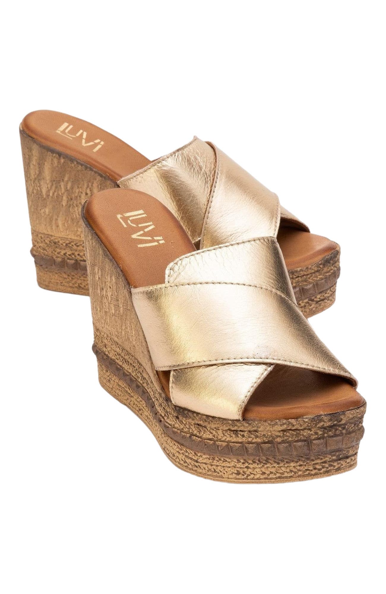 Forever & Always Shoes Lois Wedge Leather Sandal, Alternate, color, Gold Leather