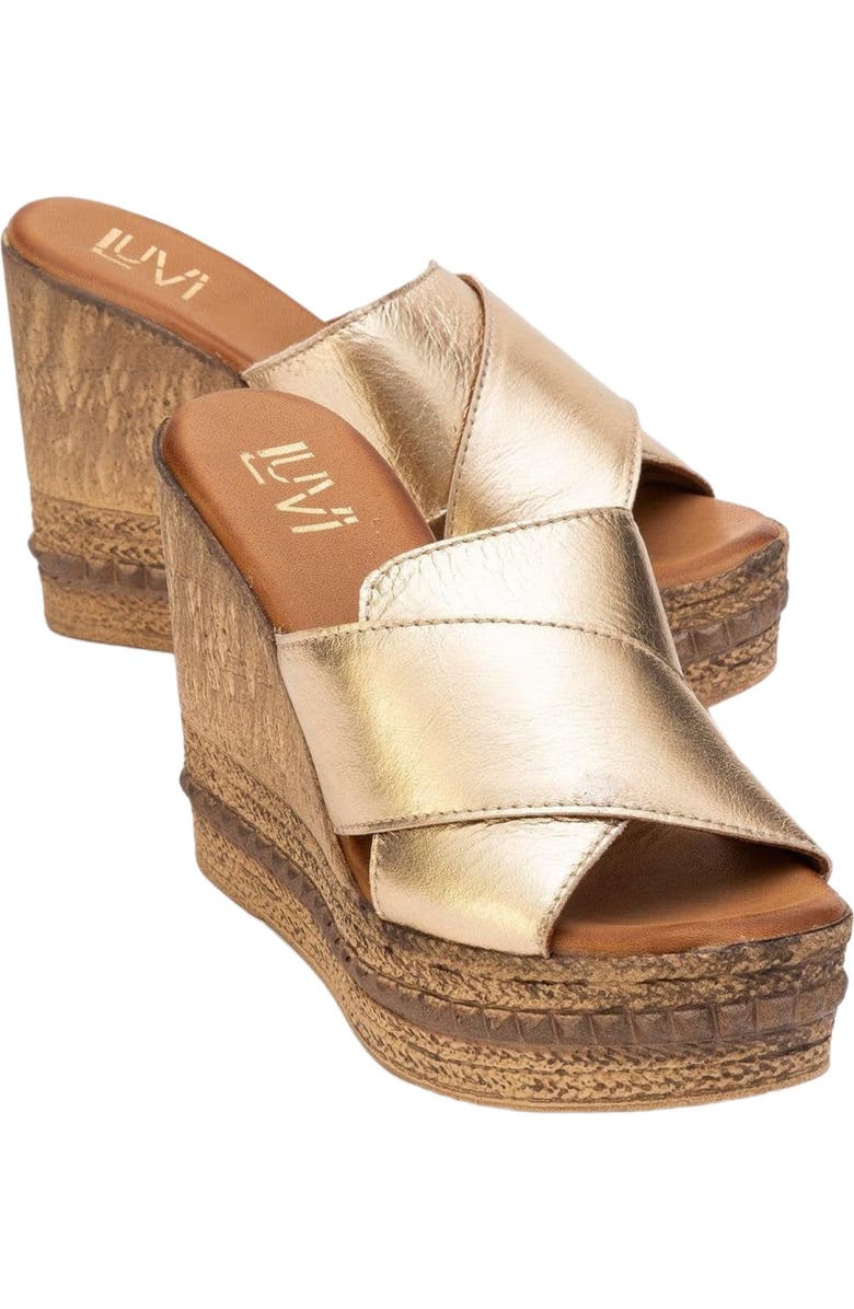 Forever & Always Shoes Lois Wedge Leather Sandal, Alternate, color, Gold Leather