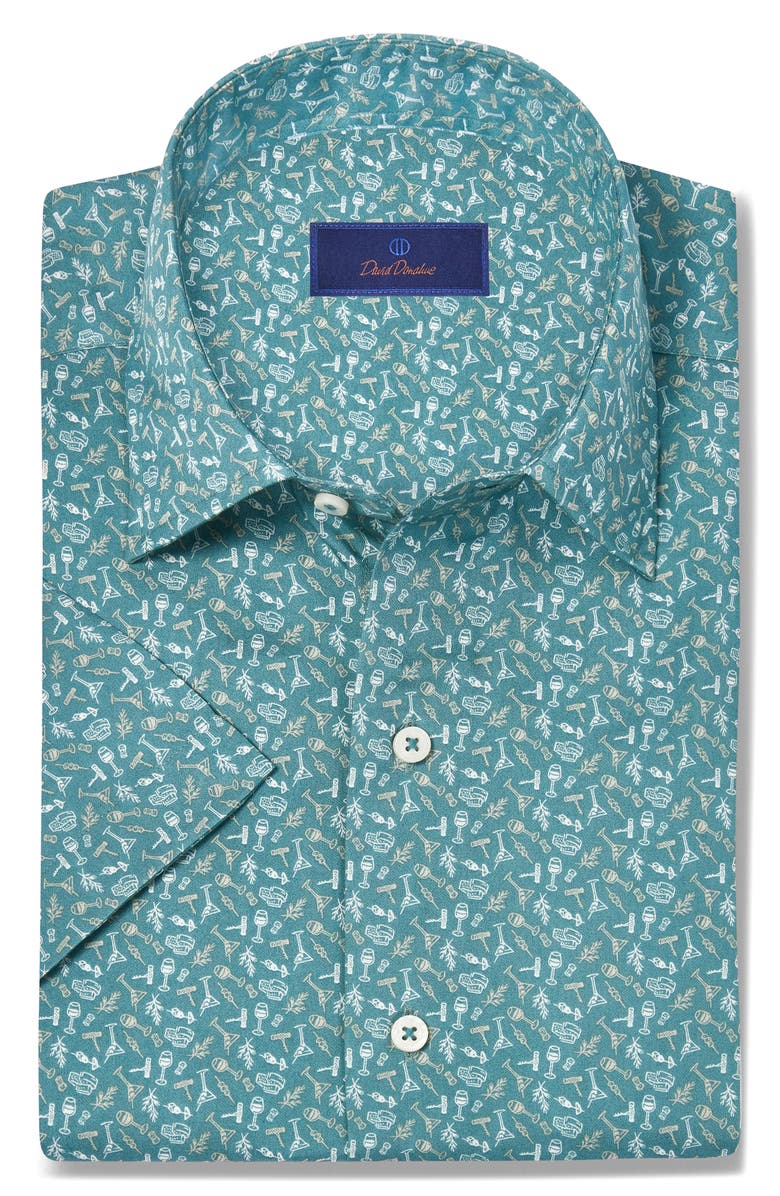 David Donahue Cocktail Print Lyocell Short Sleeve Shirt, Main, color, Petrol