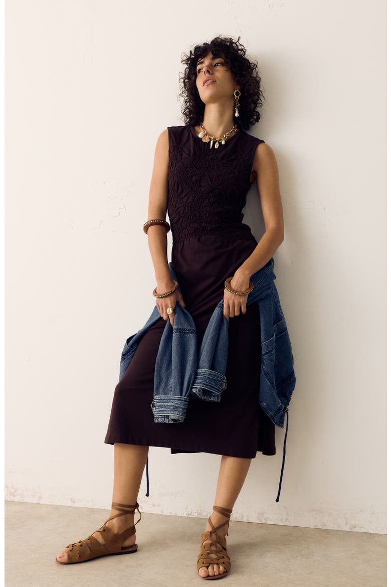 Embroidered Detail Cotton Jersey Dress, Alternate, color, DARK MOLE BROWN