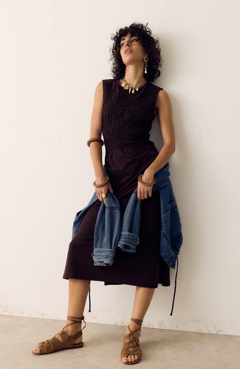 PER UNA BY M&S Embroidered Detail Cotton Jersey Dress, Alternate, color, Dark Mole Brown