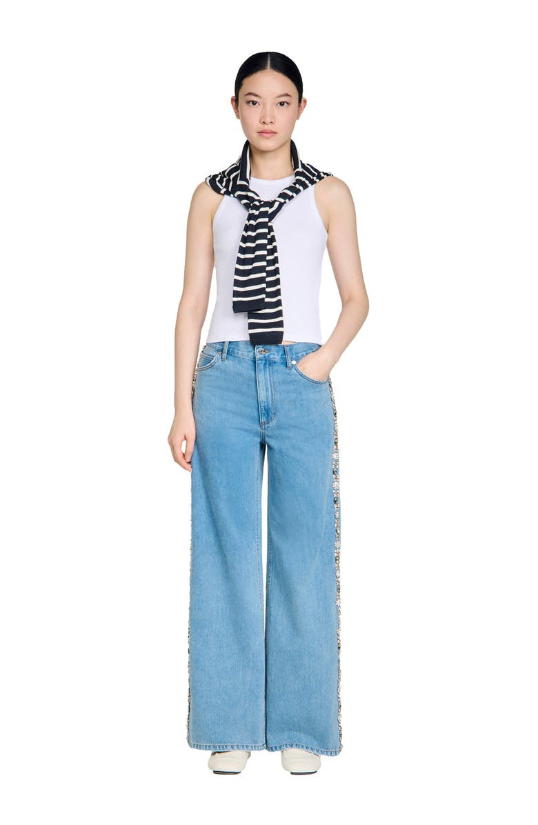 SANDRO Faded straight-leg rhinestone jeans, Alternate, color, Blue Jean