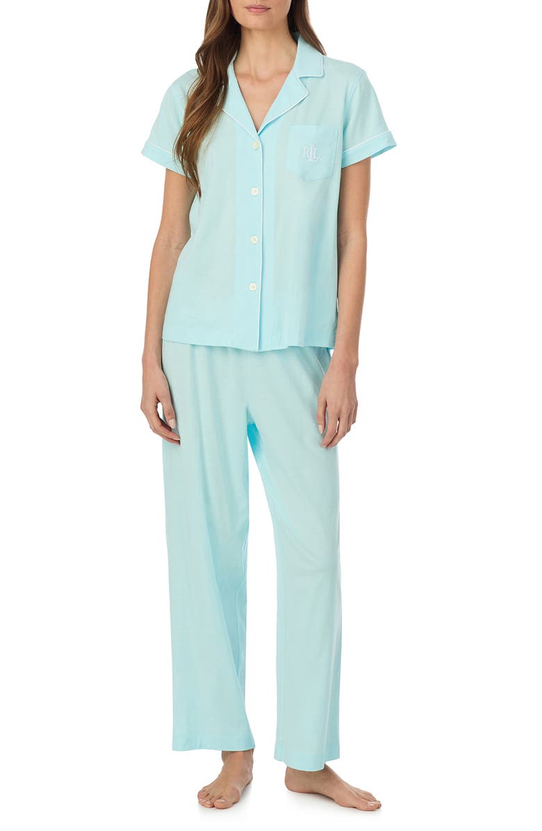 Lauren Ralph Lauren Short Sleeve Cotton Blend Pajamas, Main, color, Turquise