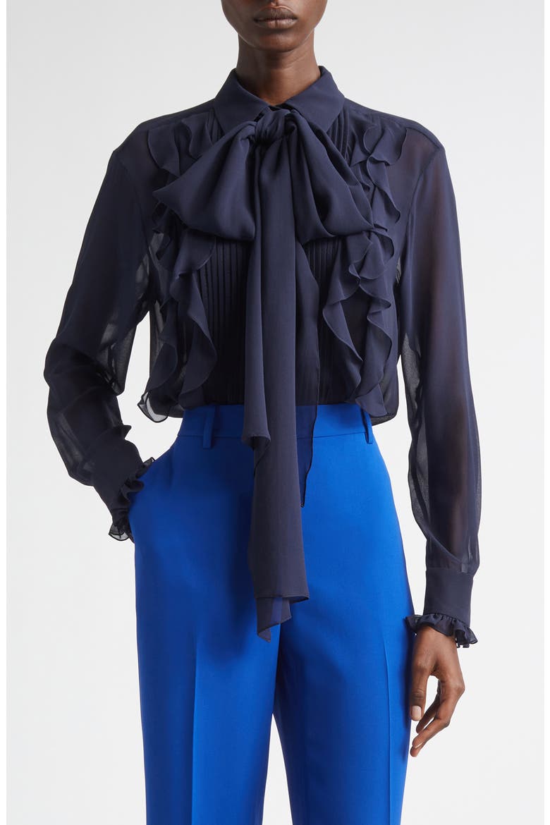 Ruffle Tie Neck Silk Georgette Shirt, Main, color, INK