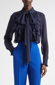Lafayette 148 New York Ruffle Tie Neck Silk Georgette Shirt