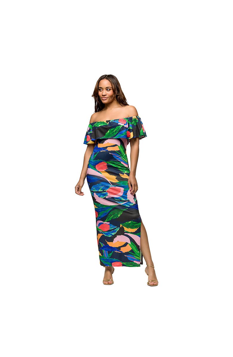 24seven Comfort Apparel Maternity Off Shoulder Multicolor Print Side Slit Maxi Dress, Main, color, Blue Multi