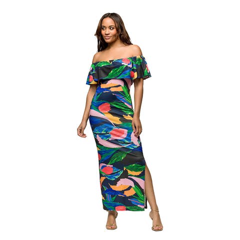 Maternity Off Shoulder Multicolor Print Side Slit Maxi Dress