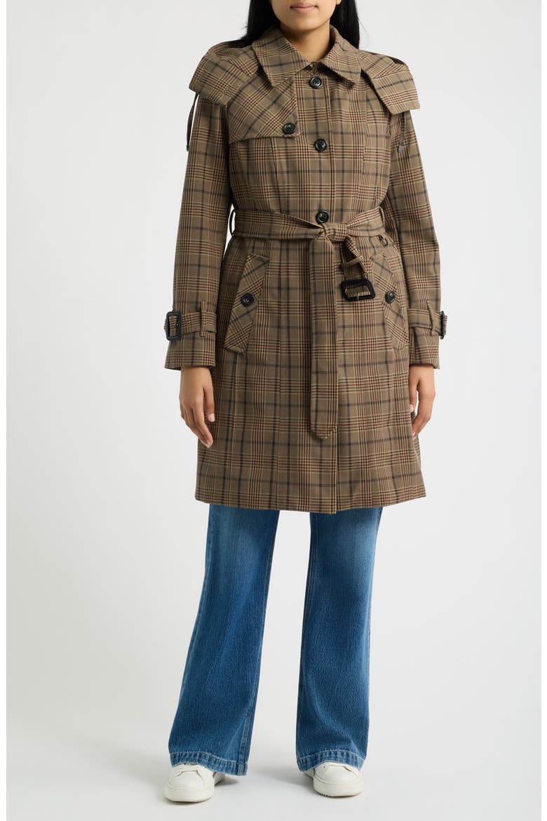 Single Breasted Trench Coat with Removable Hood, Main, color, BROWN PLAID