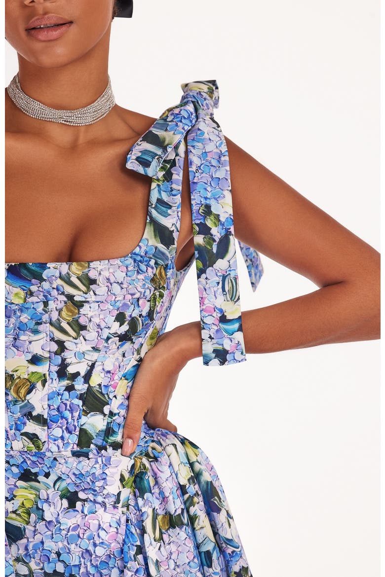 A-Line Corset Taffeta Maxi Gown in Blue Hydrangea Print for Formal Occasions, Alternate, color, Blue Hydrangea