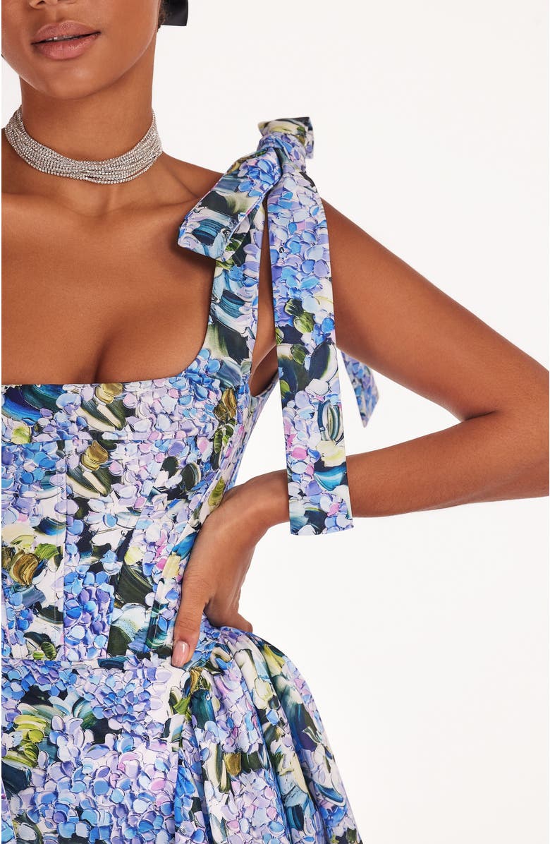 Milla A-Line Corset Taffeta Maxi Gown in Blue Hydrangea Print for Formal Occasions, Alternate, color, Blue Hydrangea