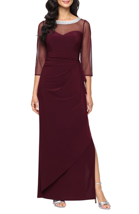 Illusion Sleeve Side Ruched Gown (Petite)