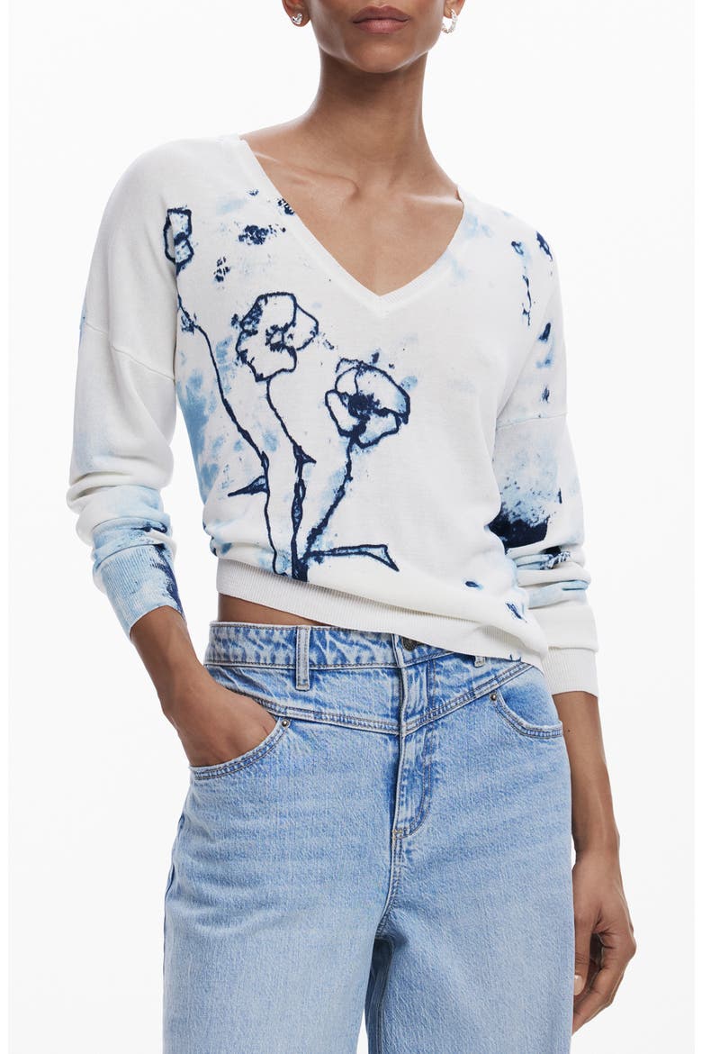 Floral V-Neck Sweater, Main, color, WHITE/ BLUE MULTI