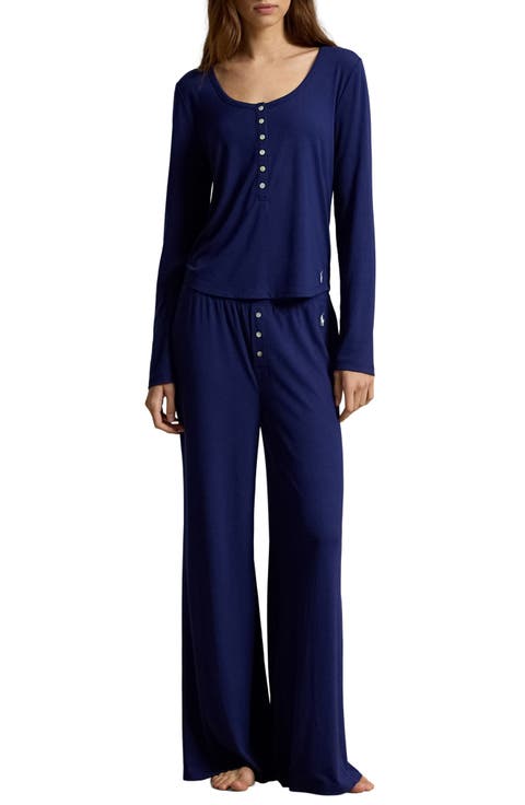 Ribbed Henley Top & Wide Leg Pants Pajama Set
