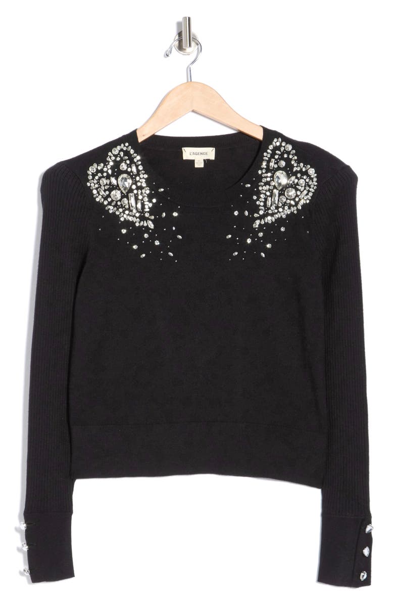 L'AGENCE Cesca Crystal Heart Crop Sweater, Alternate, color, Black/ Crystal