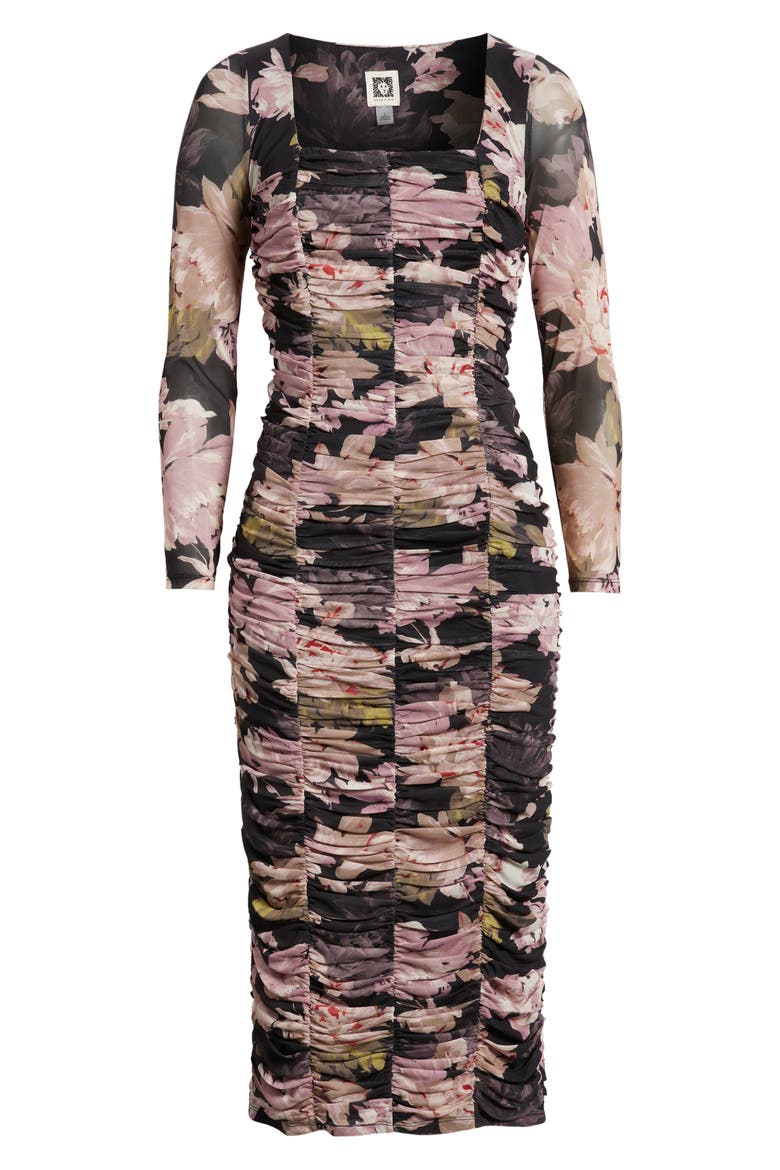 Floral Long Sleeve Ruched Midi Dress, Alternate, color, ANNE BLACK MULTI