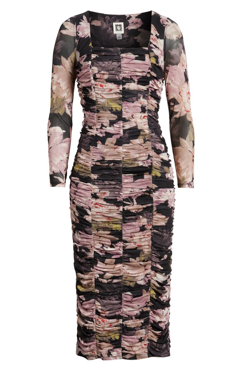Anne Klein Floral Long Sleeve Ruched Midi Dress, Alternate, color, Anne Black Multi