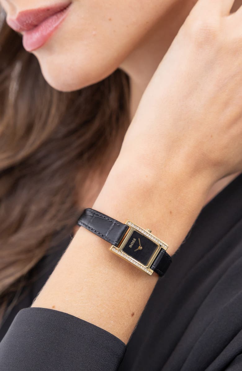 BOSS Lucy Precious Rectangular Watch, 18.5mm, Alternate, color, Black