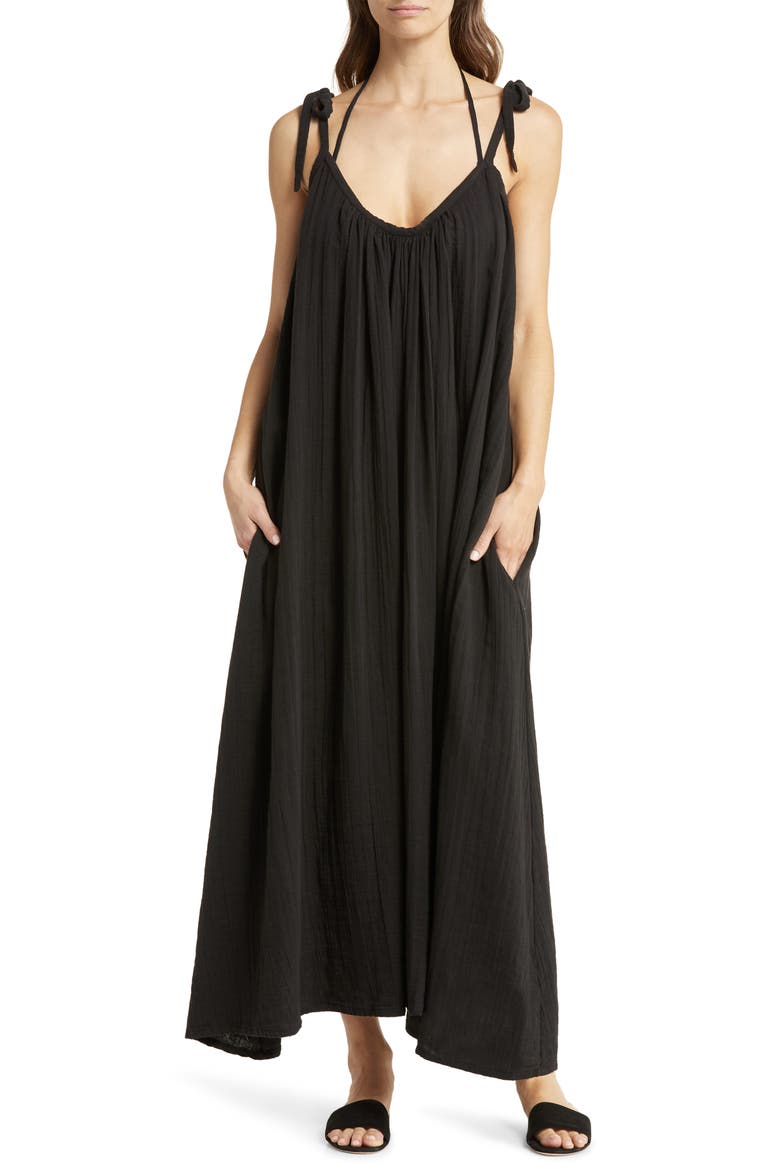 Tie Strap Flowy Cotton Cover-Up Maxi Dress, Main, color, BLACK