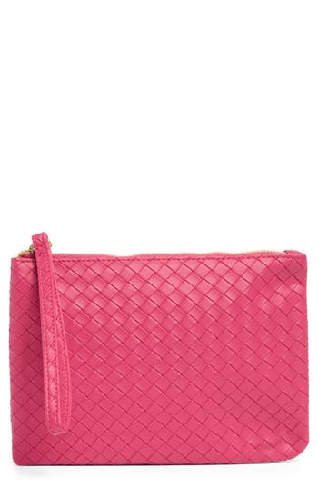 Shop Mundi Small Leather Goods Woven Wristlet In Bright Pink