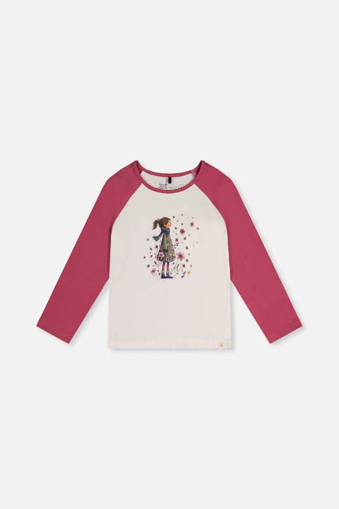 Contrast Raglan Organic Cotton Flowers Crew Neck T-Shirt