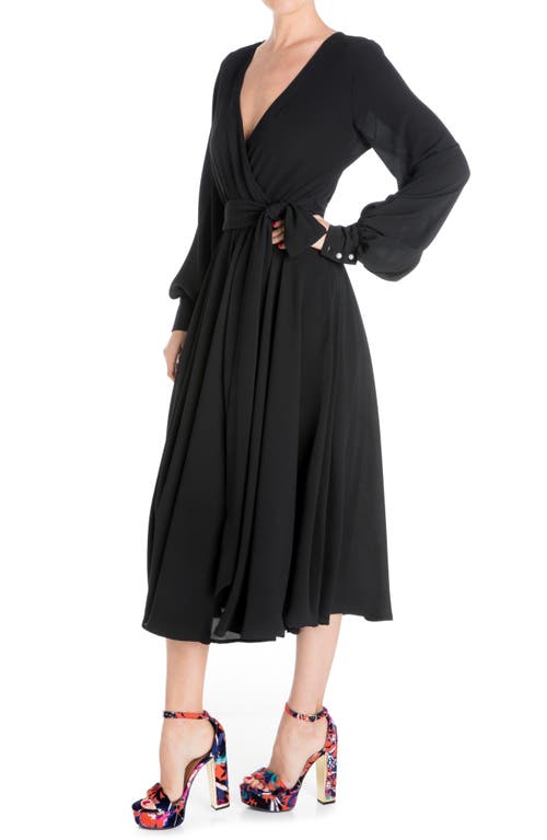 Meghan La Lilypad Surplice Long Sleeve Wrap Midi Dress In Black