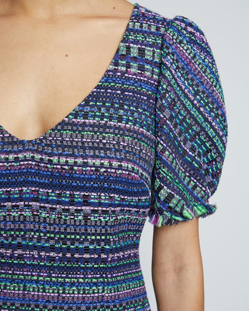 Santorelli Puff Sleeve Fringe Trim Shift Dress In Purple Multi