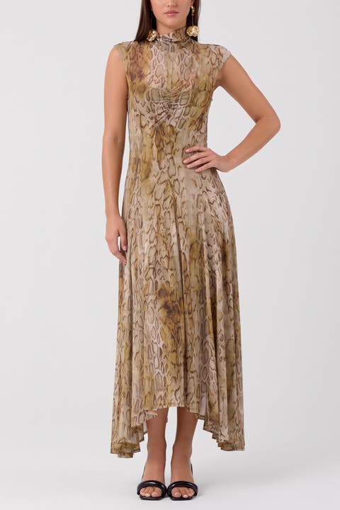Junette Mock Neck Godet Midi Dress