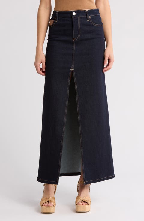 Rye High Waist Faux Leather & Denim Maxi Skirt