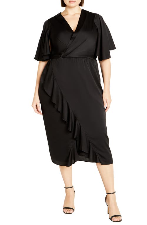 City Chic Holland Sateen Faux Wrap Midi Dress In Black