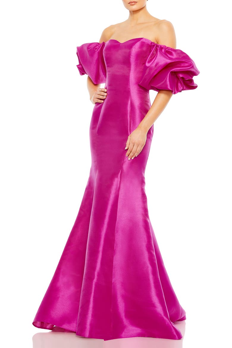 Women's Sweetheart Off The Shoulder Puff Sleeve Gown, Main, color, FUCHSIA