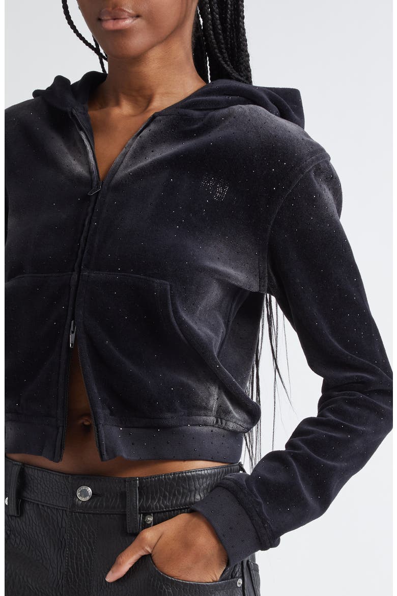 Shrunken Clear Hotfix Velour Full Zip Hoodie, Alternate, color, WASHED NICKEL