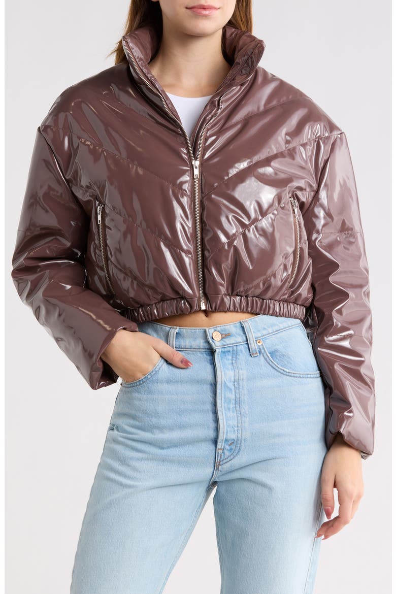 Faux Leather Crop Puffer Jacket, Main, color, CHOCOLATE