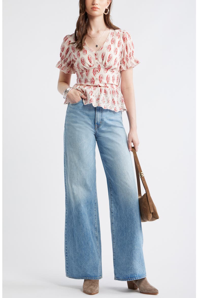 Cutwork Peplum Top, Alternate, color, PINK- RUST FOULARD FLEUR