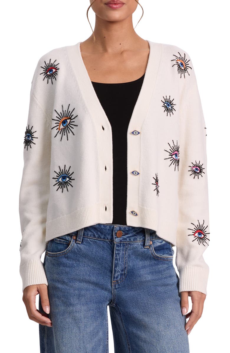 Alice + Olivia Bradley Embellished Stretch Wool Cardigan, Main, color, Ecru Multi