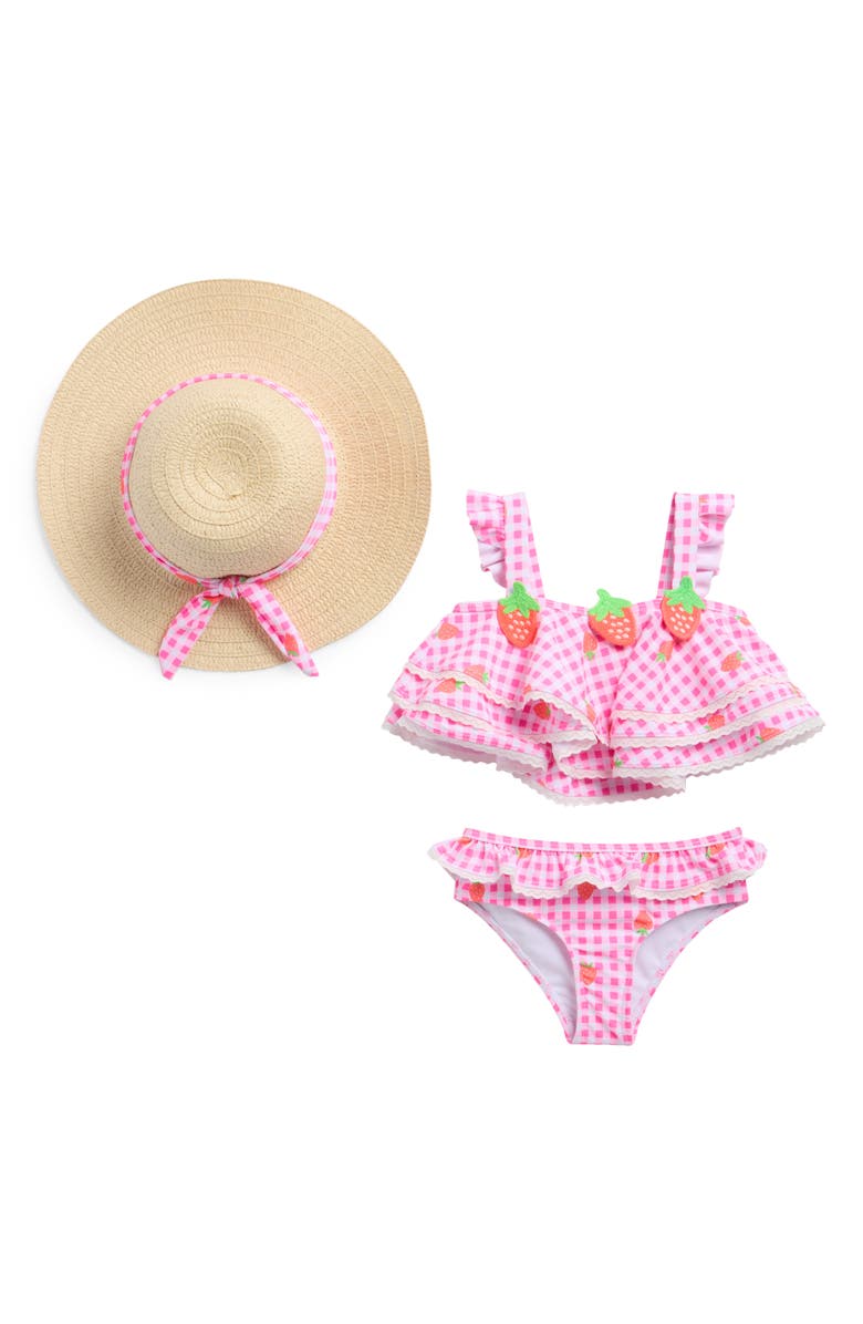 Nicole Miller Kids' Strawberry Gingham Two-Piece Swimsuit & Hat Set, Main, color, Pink Multi