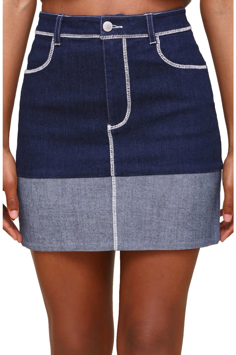 Contrast Cuff Denim Miniskirt, Alternate, color, DARK RINSE WASH
