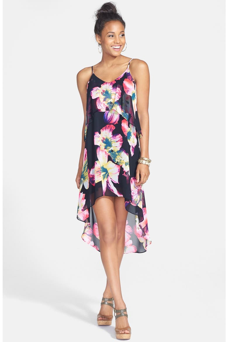 Floral Print Ruffle High/Low Dress, Main, color, NEON PINK