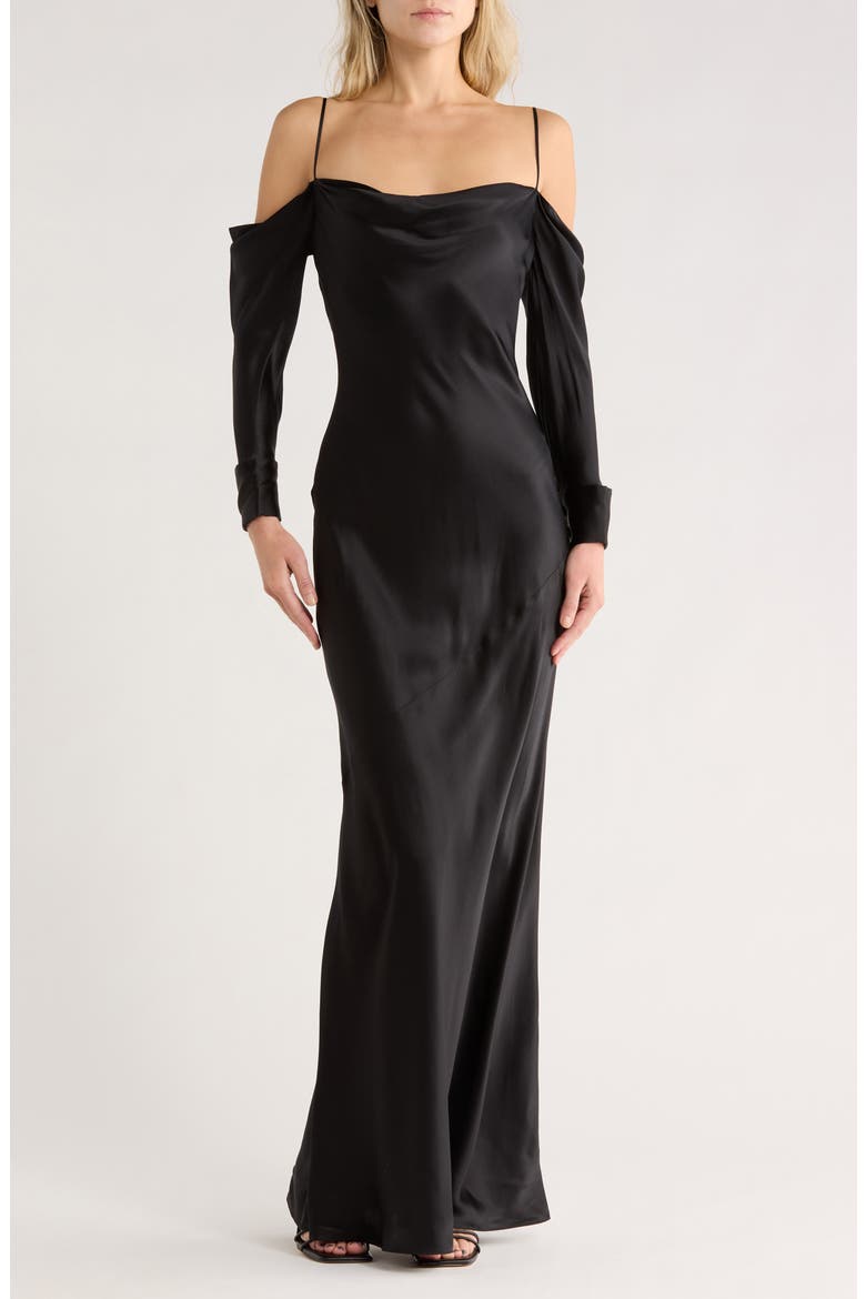 Melly Cold Shoulder Long Sleeve Silk Dress, Main, color, BLACK