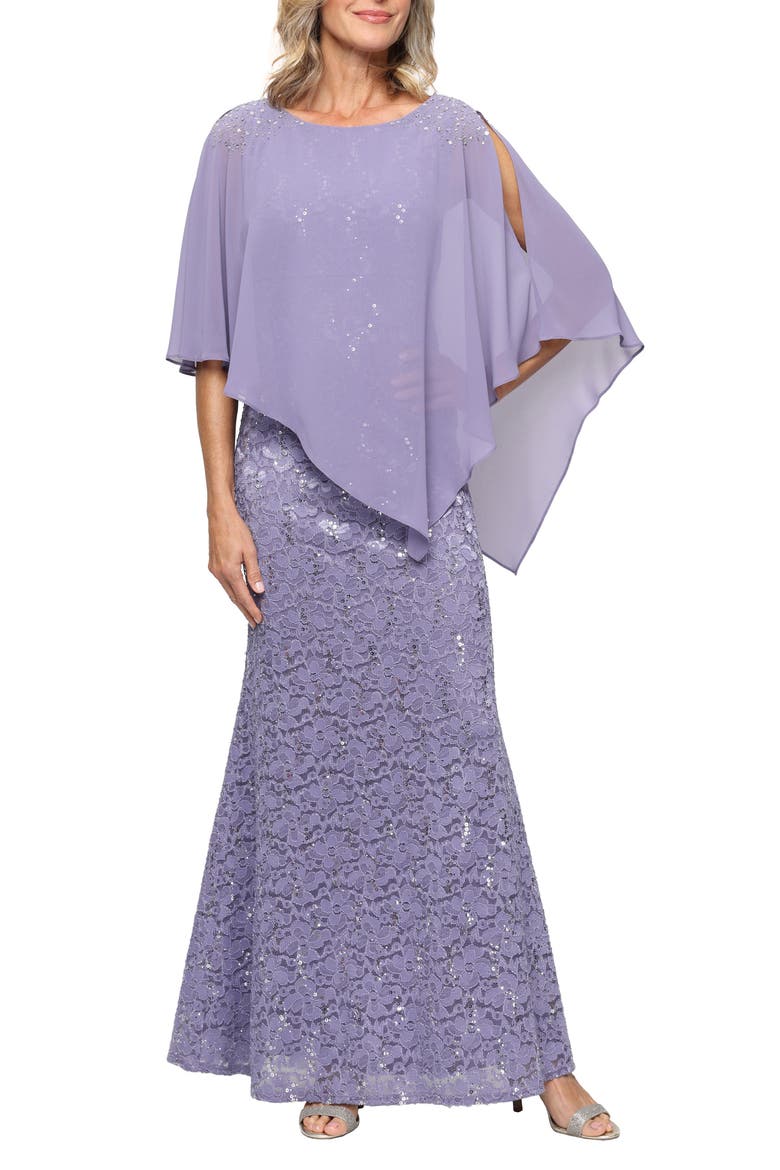 Beaded Lace & Chiffon Capelet Gown, Main, color, MYSTIC/ HEATHER