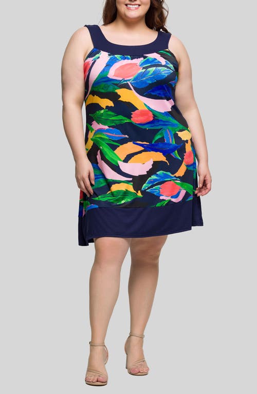 24seven Comfort Apparel Plus Size Scoop Neck Sleeveless Knee Length Dress In Navy Multi