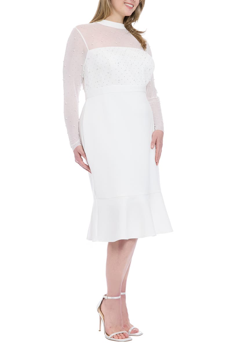 London Times Long Sleeve Faux Pearl Illusion Midi Dress, Alternate, color, Ivory