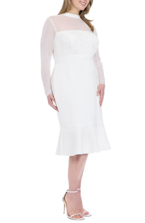London Times Embellished Illusion Long Sleeve Midi Dress In White