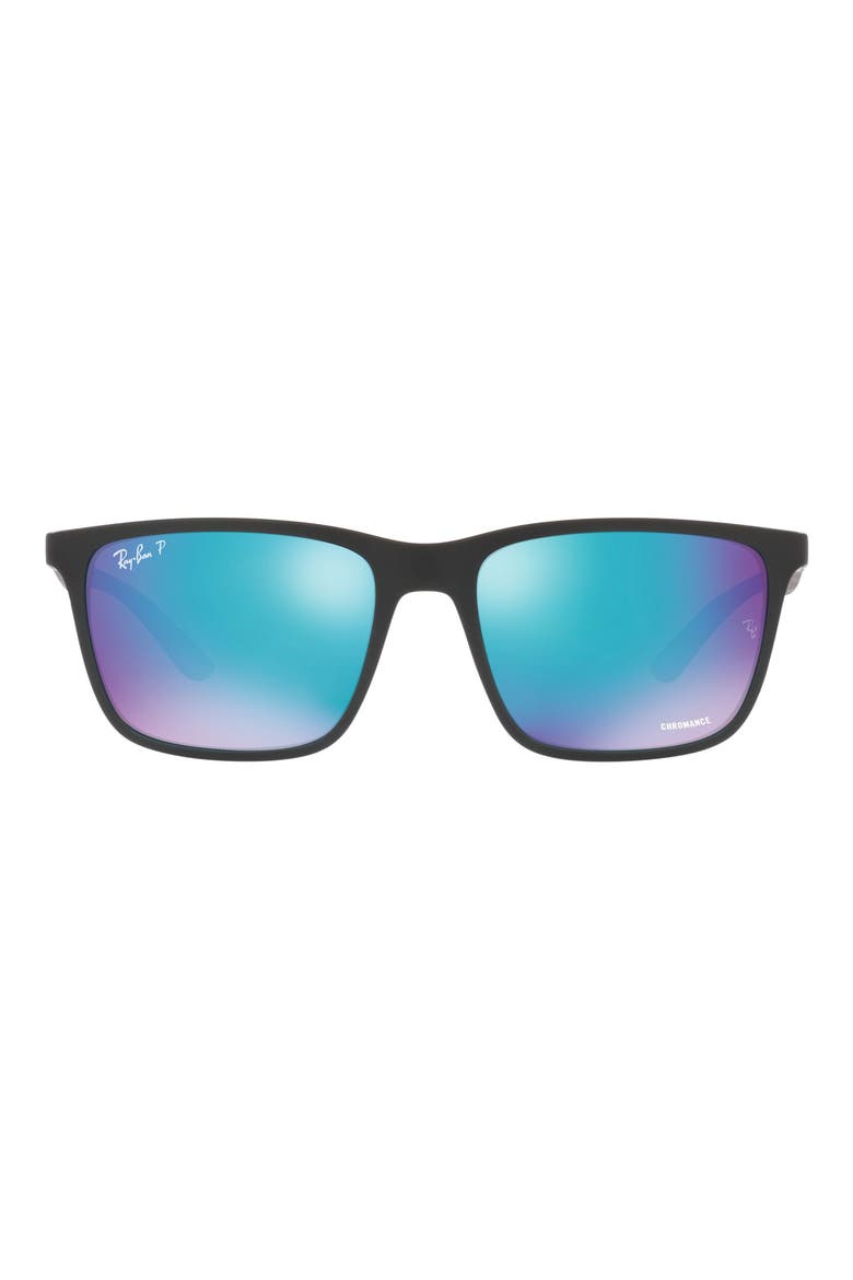 58mm Mirrored Polarized Rectangular Sunglasses, Main, color, MATTE BLACK