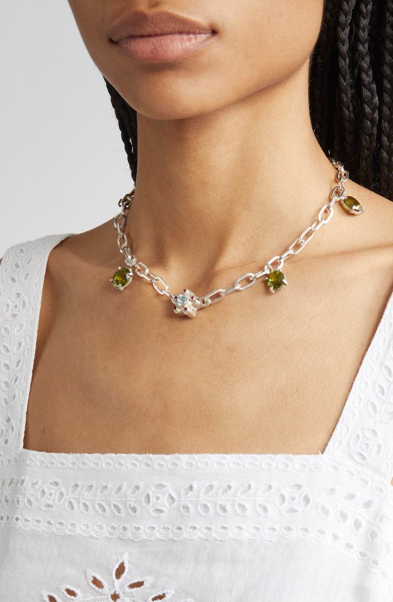 SHANA CAVE Flower Station Necklace, Alternate, color, Silver Periodt Ruby Blue Topaz