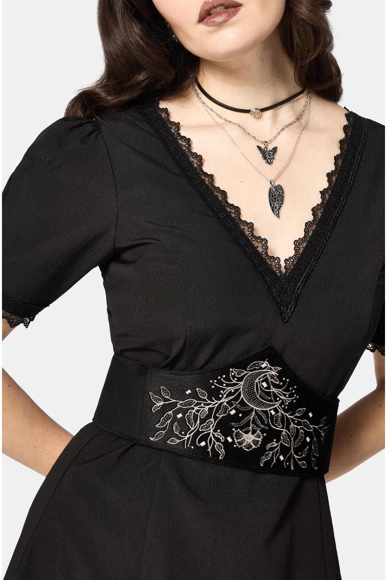 Sanzia Tie Back Lace Midi Dress, Alternate, color, Black