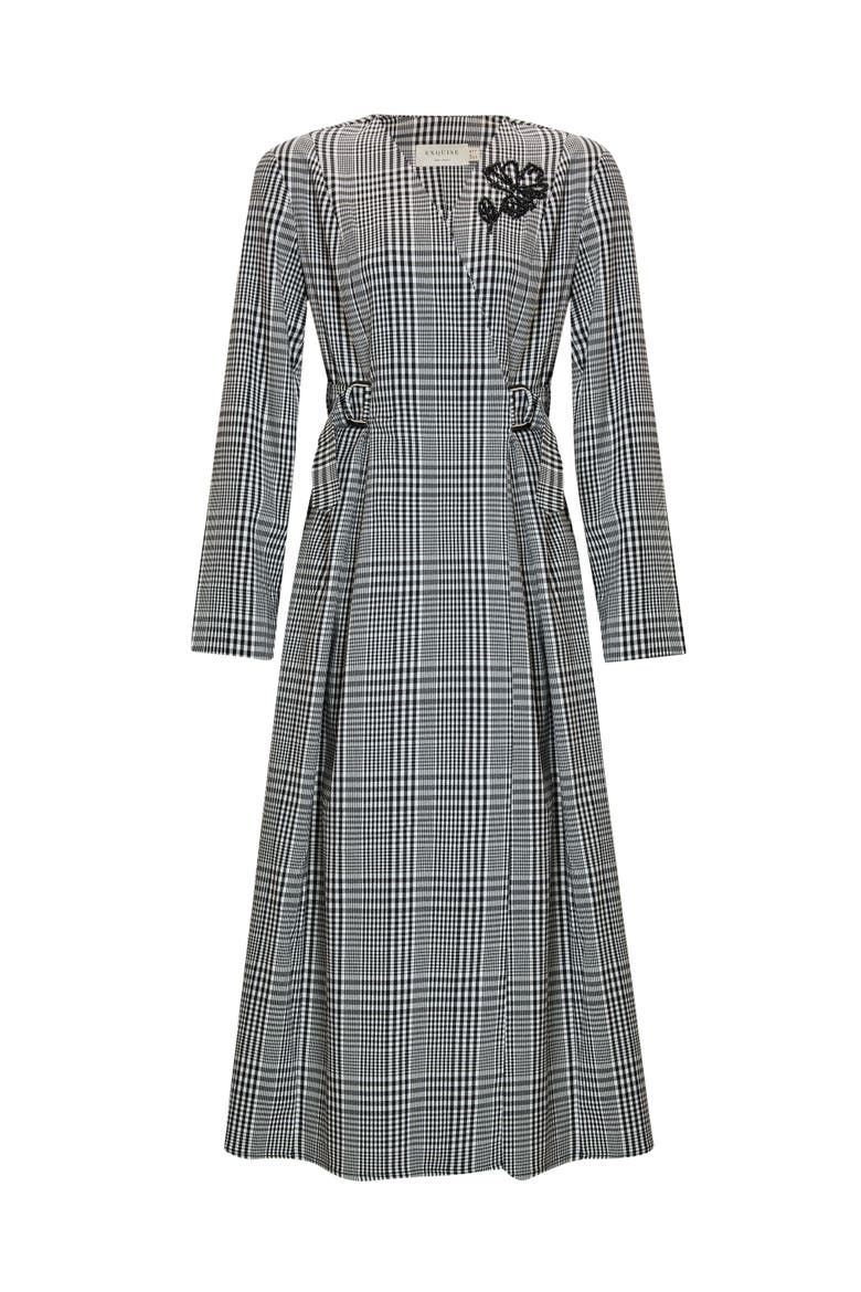 Notched Lapel Plaid Wrap Midi Dress, Alternate, color, BLACK-WHITE